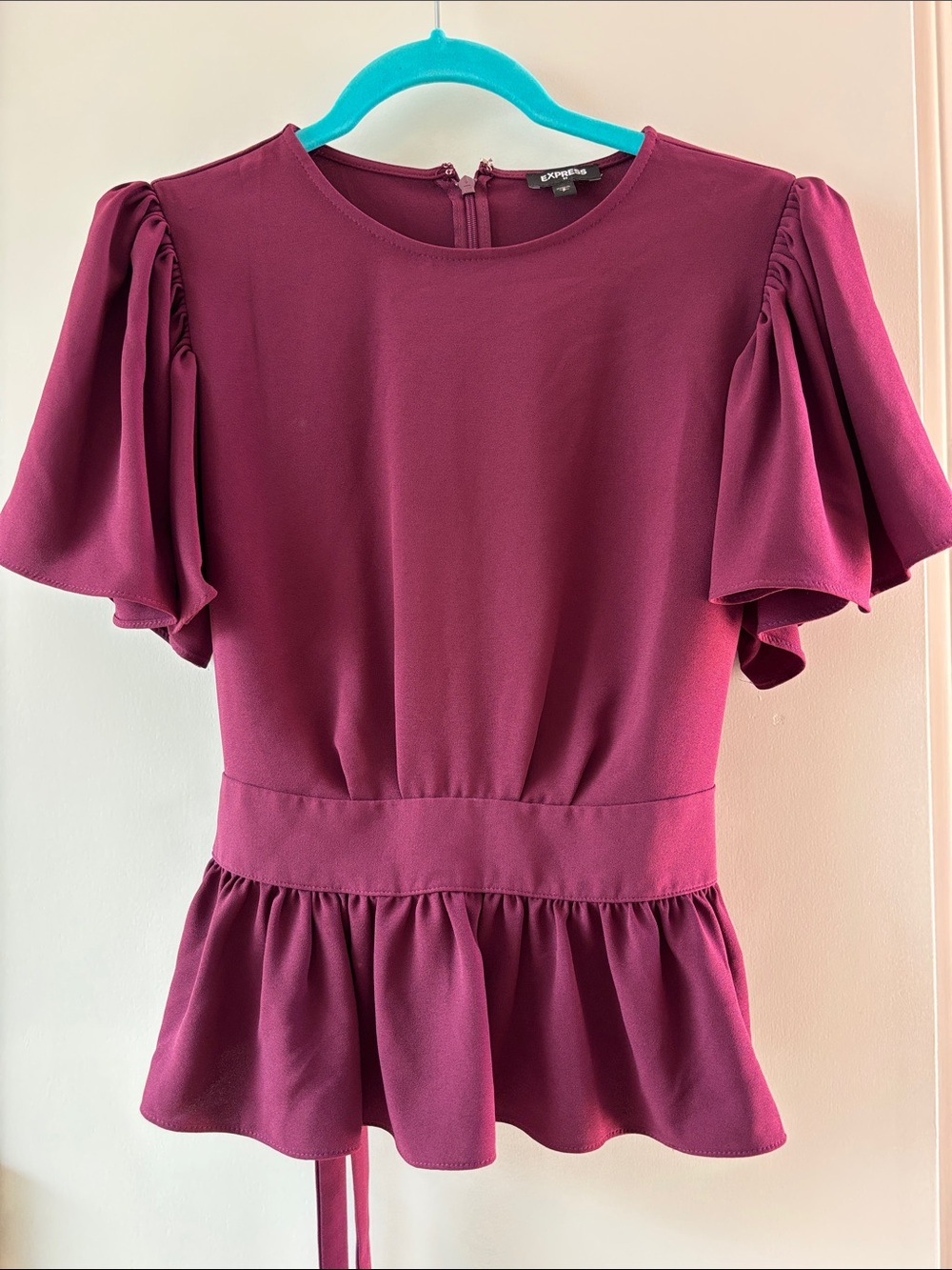 Express Plum Flutter-Sleeve Peplum Top